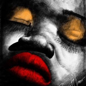 Abstract portrait with red lips, eyes closed.